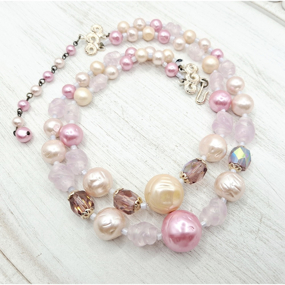 Vintage Japan Faux Pearl Bead Necklace Silver-Tone Pink Double Strand Graduated